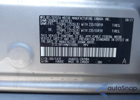 2021 Toyota Rav4 Xle Premium из США, поврежденный, VIN 2T3C1RFV4MW170980